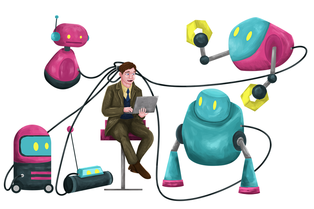 Alan Turing hooked up to different robots with wires connected to his mind while he works on a laptop.