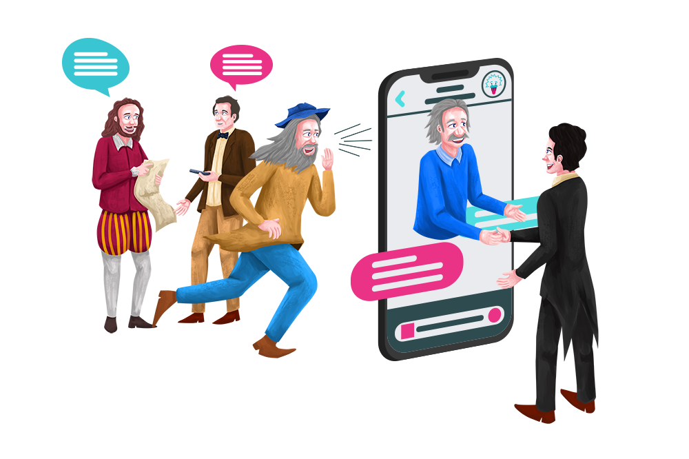 Harry Houdini giving consulting advice to Einstein on a giant cell phone while Davinci asks questions and Shakespeare and Charles Babbage discuss a contract in the background.