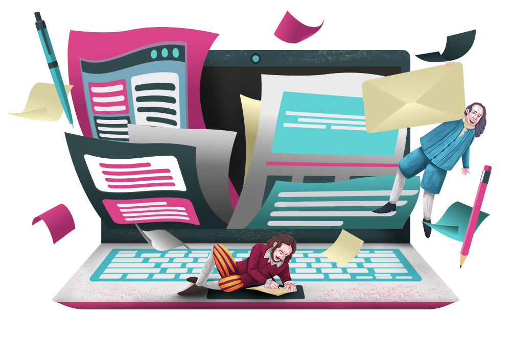 Shakespeare writing on a notepad with Benjamin Franklin holding onto an envelope while articles explode out of a laptop.