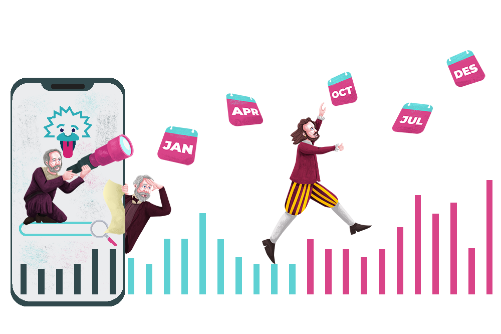 Shakespeare stepping over volume metrics grabbing after different calendar months floating in the air while Galileo and Carnegie watch.