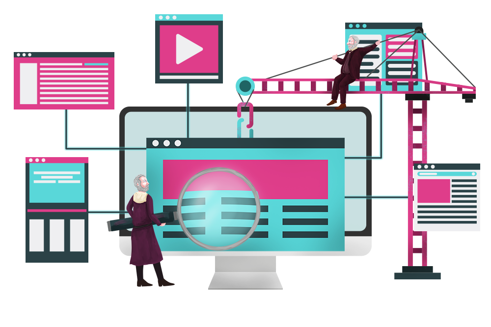 Carnegie using a giant crane to position links onto a giant computer monitor while Galileo uses a magnifying glass.