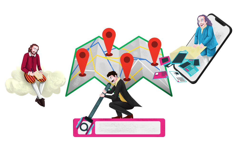 Nikola Tesla turning a wrench on a search engine bar with a map of location pins.