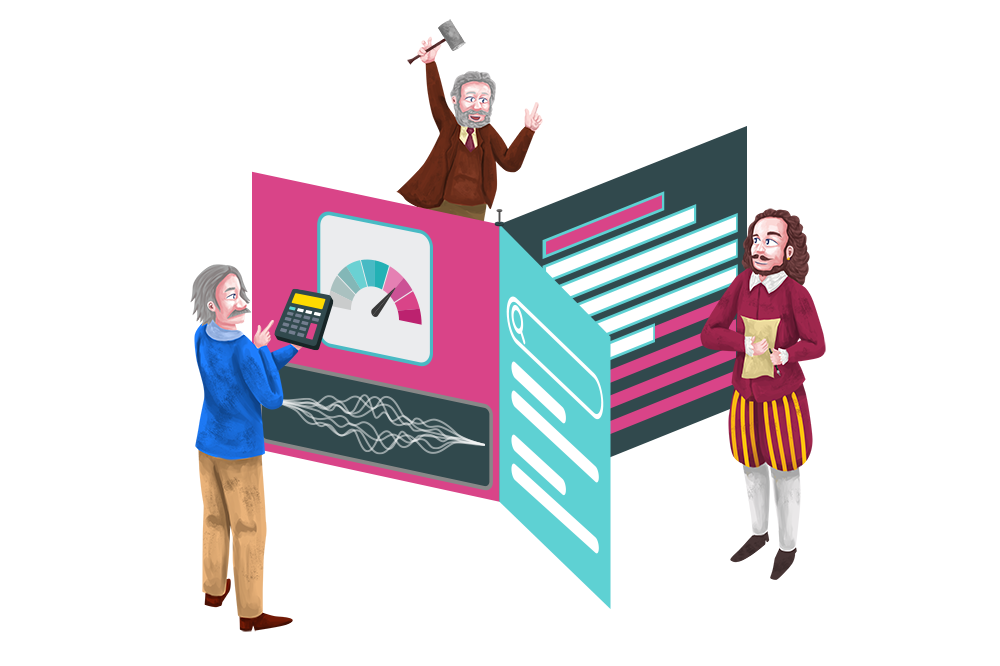 Einstein working on speeding up website speed, Shakespeare working on content writing, and Carnegie working in the background.