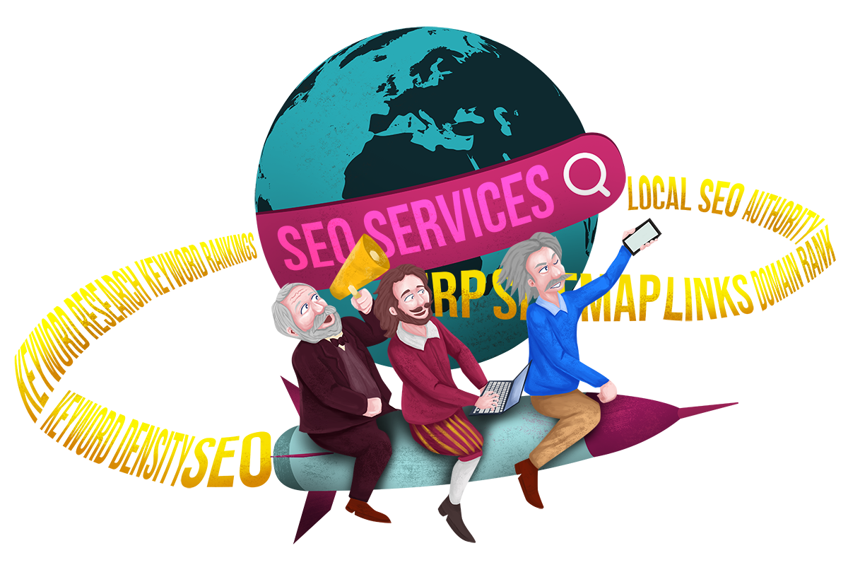 Carnegie, Shakespeare, and Einstein riding a rocket around a planet that says SEO services.