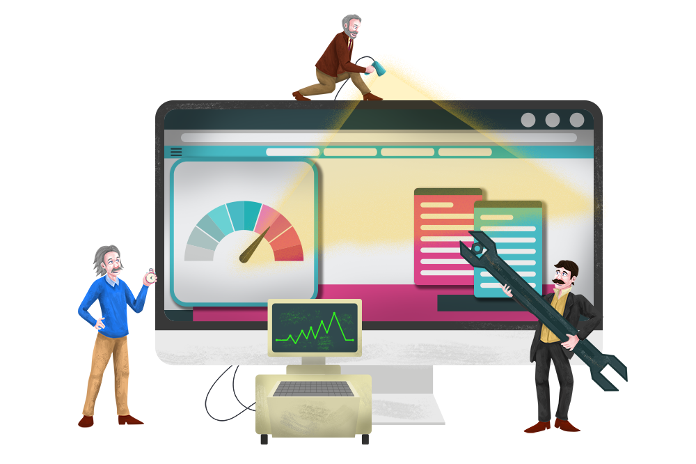 Alexander Graham Bell shining a flashlight on a website on a large monitor while Tesla holds a giant wrench and Einstein evaluates the technical scores.